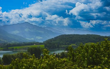 Göl, orman tepeleri ve dramatik Alp arkaplanlı İsviçre manzarası
