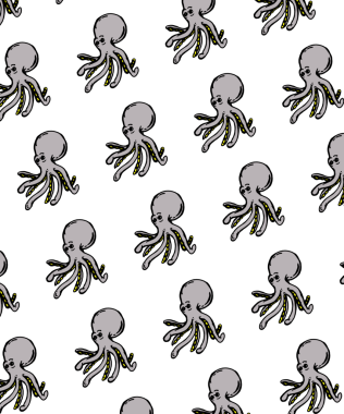Etkileyici, pürüzsüz bir desen beyaz arka planda gri vücutlu ve sarı emme bardakları olan şirin ahtapotlardan oluşan bir dizi içerir. Çocuk tasarımları, tekstil ve eğlenceli arka planlar için mükemmeldir..