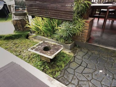 Kırsal bahçe dekorasyonu, yemyeşil bitkiler, ahşap bir tabela, ve desenli taş kaldırım, dingin ve davetkar bir ortam yaratır..