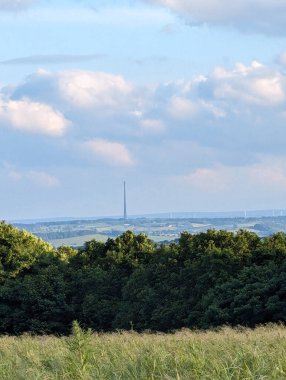 Önünde bereketli ağaçlar ve ufukta uzak bir yapı olan parlak bir gökyüzünün altında manzaralı bir manzara beliriyor. Bu kırsal alan sükuneti temsil ediyor..