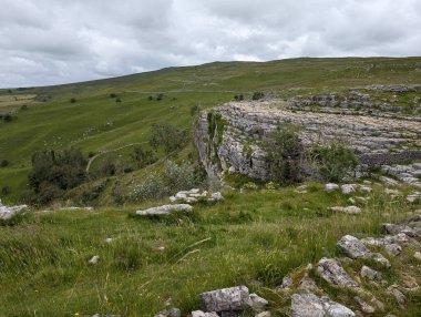 Uçsuz bucaksız, çimenli ve kayalık bir uçurumun manzarası, bulutlu bir gökyüzünün altında, doğal bir güzellik sunuyor..