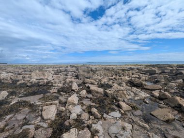 Manzaralı bir kıyı manzarası, bulutlu bir gökyüzünün altında ufka doğru uzanan kayalık bir genişliği ve görülebilir adaları gösteriyor..