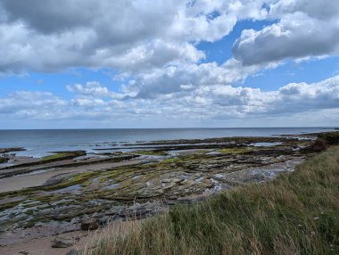 Okyanus manzarası, kumlu plaj, kaya oluşumları ve geniş bulutlu gökyüzü, dingin ve sakinleştirici..