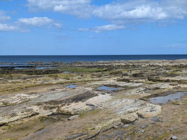 Huzurlu bir kıyı manzarası katmanlı kaya oluşumlarının parlak mavi gökyüzünün altında tüylü bulutlarla durgun denizi buluşturmasını içerir..