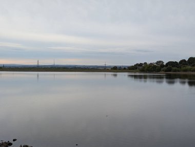 Ufukta görünen elektrik hatlarıyla bulutlu bir gökyüzünü yansıtan sakin bir göl. Sakin su doğada huzurlu ve sakin bir atmosfer yaratır..