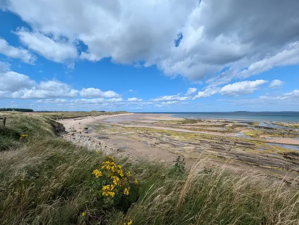 Güzel bir kıyı manzarası kumlu bir sahil, kayalık bir sahil ve güneşli bir günde beyaz bulutlarla kaplı parlak mavi bir gökyüzü içerir..