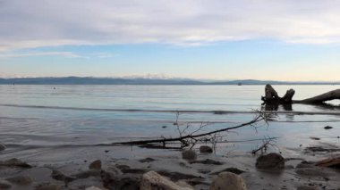 Sakin göl manzarası, yumuşak dalgalar kıyıya doğru yavaşça hareket ediyor. Ön planda dallar ve dallar var. Sakin su gökyüzünü ve uzak dağları yansıtır. Huzurlu doğal manzara
