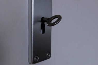 Modern paslanmaz çelik plakalı bir kapı kilidine yerleştirilmiş klasik tip metal bir anahtar. Erişim, güvenlik, gizlilik ve korunmayı sembolize ediyor.
