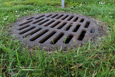 Çimlerle çevrili paslı demir drenaj ızgarası ve yeşil bir park alanında küçük kır çiçekleri. Doğal çevreye yakın kentsel altyapı ve yağmur suyu akış sistemi