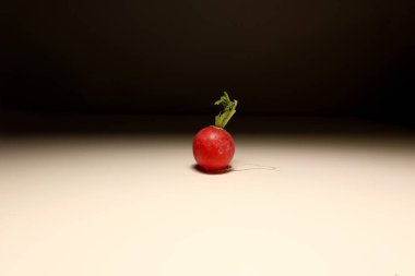 Kökleri ve yaprakları beyaz arka planda olan tek bir kırmızı turp minimalist gıda konsepti sağlıklı beslenme, temiz diyet ve vejetaryen yaşam tarzı için çiğ organik sebze.