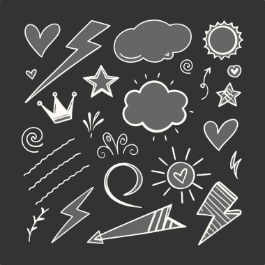 Elle çizilmiş tebeşir tarzı karalama elementleri arasında ok, bulut, kalp, taç ve siyah arka grup üzerinde konuşma balonu yer alıyor.