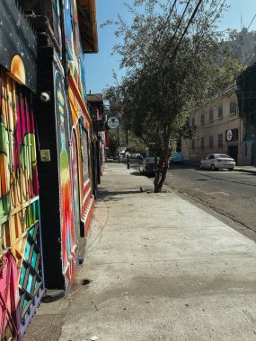 Çarpıcı ve renkli duvar resimleriyle kaplı binalarla dolu canlı bir şehir caddesi. Sanat eserleri, ağaçların gölgelik ve arabaların kaldırım boyunca park edildiği sakin kaldırıma hayat ve kişilik katıyor. Yaratıcı ve sanatsal bir şehirde güneşli bir gün.