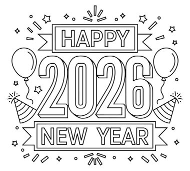 Cesur Yeni Yıl 2026 Havai fişekler ve Balonlar Tek Krom Vektör Kutlama Sanatı ile
