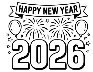 Cesur Yeni Yıl 2026 Havai fişekler ve Balonlar Tek Krom Vektör Kutlama Sanatı ile
