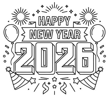 Cesur Yeni Yıl 2026 Havai fişekler ve Balonlar Tek Krom Vektör Kutlama Sanatı ile