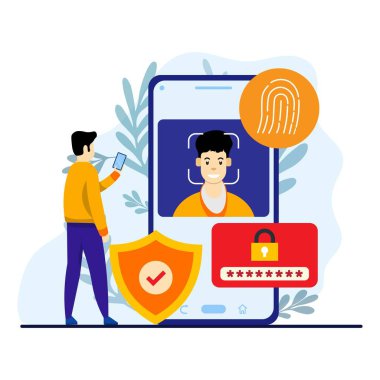 Erkek, akıllı telefonunun kilidini açmak için parmak izi ve yüz tanıma kullanıyor. Mobil veri koruması ve güvenlik kavramı.