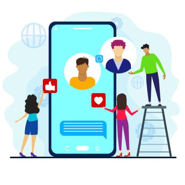 Sosyal medya konseptinde profil değişiklikleri. Her genç kız profil resmine sevgi ve beğeni sembolü koyar. Yeni profil fotoğrafını göstermek için merdivenleri çıkan bir adam. Kullanıcı ayarları, kişisel bilgiler. Düz tasarım.