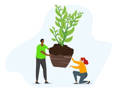 İnsanlar fideleri dikiyor. Çizgi filmlerde tarım işçisi ekinlerle ilgilenir, bahçıvan çalı yetiştirir. Dünya gezegenini iklim değişikliğinden kurtarmaya çalışan karakterler. Düz Çizim.