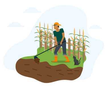 Erkek çiftçi kürekle toprağı kazdı. Mısır ekilmiş tarım arazisi. Kırsal ya da kırsal kesimde çiftçilik mücadelesi. Yeni bitki ekme konsepti.