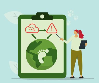 Kadın, karbondioksit salınımının dünyadaki yaşama etkilerini anlatıyor. Yeşil enerji, dünyayı kurtar, eko yeşil.