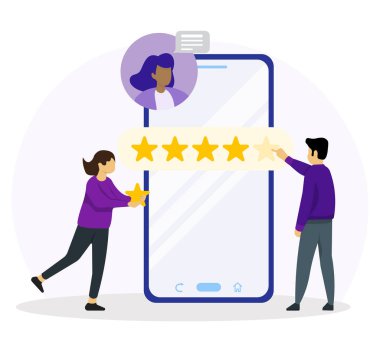 Erkek ve kadın beş yıldızlı geri bildirim yapıyor ve akıllı telefon ekranında tatmin olma oranını seçiyorlar. Müşteri geribildirimi veya gözden geçirme kavramı ve çevrimiçi servis değerlendirmesi, mutlu müşteriler.