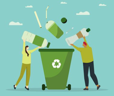 İnsanlar çöp kutusuna şişe ve plastik çöp topluyor. Plastik geri dönüşüm, konsepti yeniden kullanma. Çizgi film karakteri dünyayı düz çizimde kurtarmaya gönüllü..