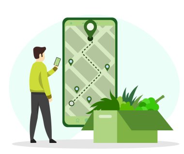 Sağlıklı yemek siparişini kontrol etmek için akıllı telefonunu kullanan bir adam. Akıllı telefon ekranındaki GPS konum haritası. Sıralama İzleme konsepti.