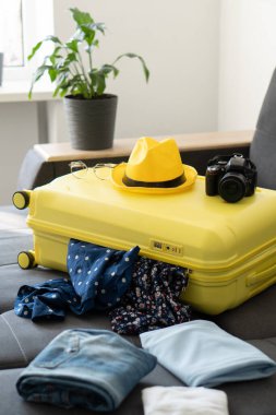 Parlak sarı bir bavul kapanış için çabalıyor, renkli giysiler kanepeye dökülüyor. Gözlüklü şık sarı bir fötr şapka profesyonel bir kameranın yanında duruyor ve özünü yakalıyor.