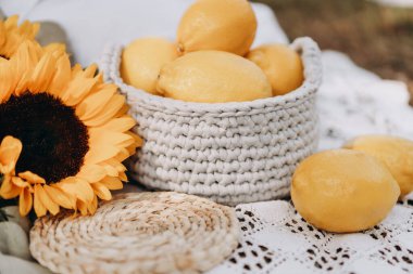 Taze, parlak limonlarla dolu el yapımı bir tığ işi sepetin yer aldığı rahat ve kırsal bir piknik sahnesi. Ayçiçekleri sıcaklık ve canlılık ekler, sepet ve dantel battaniyenin dokuma dokuması ise sıcaklık katar.