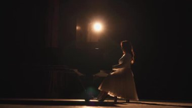 Dramatik arka ışıklandırmayla aydınlatılmış, sinematik bir siluet yaratan bir piyanist. Altın parıltı performansın zarafetini ve duygusunu artırırken, ışık yansımaları rüya gibi, sanatsal bir şey ekliyor.