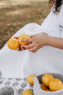 Beyaz dantelli battaniyeli limonlu sakin bir piknik sahnesi. Beyaz elbiseli bir kadın narenciye meyvelerini nazikçe tutuyor, sıcaklığı, tazeliği ve kırsal çekiciliği çağrıştırıyor..