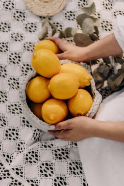 Narin bir tığ işi piknik battaniyesinde limon dolu bir sepet tutan bir kadının yakın çekimi. Yumuşak dokular, doğal ışık ve sıcak tonlar kırsal ve organik estetiği çağrıştırıyor..