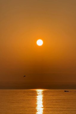 A serene sunset over calm waters, with a golden sun reflecting on the surface. A small boat is visible in the distance, and a bird flies across the sky, enhancing the tranquil atmosphere.