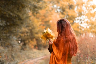 Altın akçaağaç yapraklarını sarmalayan uzun kızıl saçlı kadının güzel sonbahar portresi turuncu ve sarı yapraklarla çevrili orman yolunda yürürken sıcacık mevsimsel yaşam tarzını yakalıyor.
