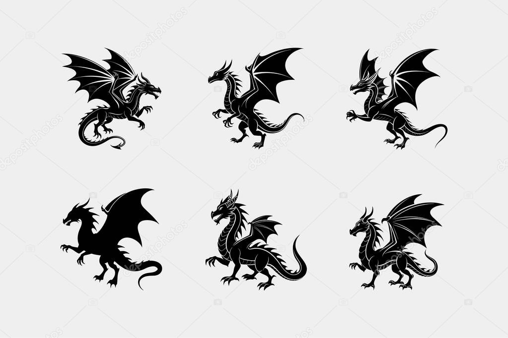 Six Silhouettes of Majestic Dragons Fantasy Art