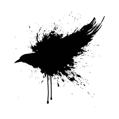 Ayırt edici bir mürekkep, dinamik ve sanatsal bir stil sergileyen bir karganın siluetini sıçratır..