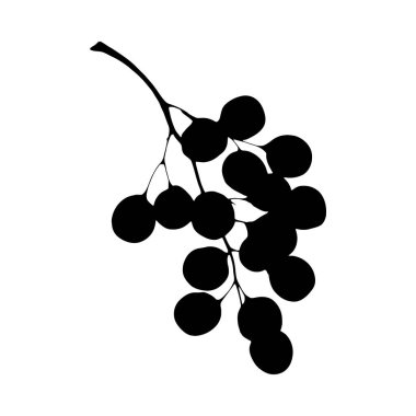 Basit ama zarif bir üzüm demeti silueti, beyaz bir arka planda belirgin koyu siyah bir stile sahip..