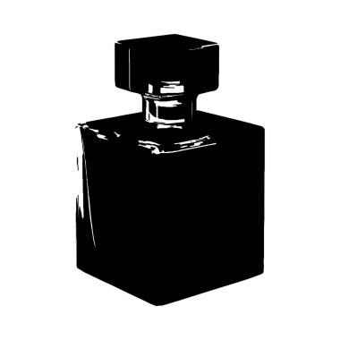 Kare bir parfüm şişesinin şık siyah-beyaz silueti, kendine özgü bir resim tarzı sergiliyor..