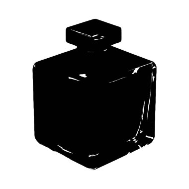 Kare kapaklı, siyah bir parfüm şişesinin ayırt edici silüeti. Biçim cesur ve çarpıcı..