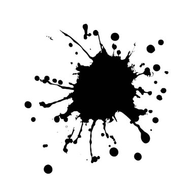 Çarpıcı bir siyah mürekkep sıçrama silueti, daha küçük damlacıkları ile belirgin düzensiz bir şekil içerir..