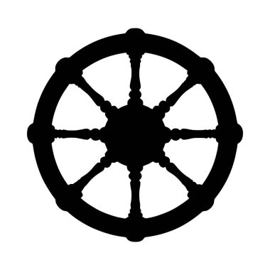 Çarpıcı bir siyah siluet. Sekiz kanallı bir Dharmachakra tekerleği. Detaylı ve süslü bir stil sergiliyor..