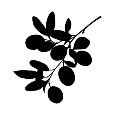 Zeytinlerle dolu basit ama zarif bir zeytin dalı silueti, cesur ve grafik bir stil sergiliyor..