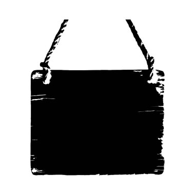 İpe asılı bir ahşap levhanın siyah beyaz silueti. Siluet stili grunge ve desenli.