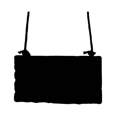 Basit, kırsal dikdörtgen şeklinde bir işaret silueti, düğümlenmiş iplerden sarkıyor. Silüet tarzı minimalist ve temiz..