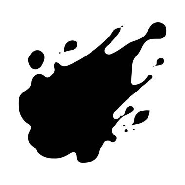 Dinamik bir mürekkep sıçrama silueti, eşsiz, düzensiz bir şekil ve küçük uydu damlacıkları içerir..