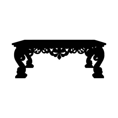 Süslü bir sehpanın siyah silüeti. Ayırt edici, detaylı, oymalı bir tasarımı var..