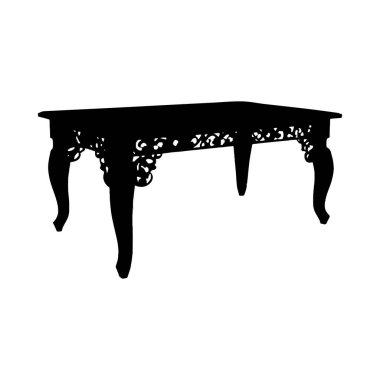 Süslü bir sehpanın detaylı silueti eşsiz oyulmuş bacaklarını ve detaylı önlüğünü sergiliyor..