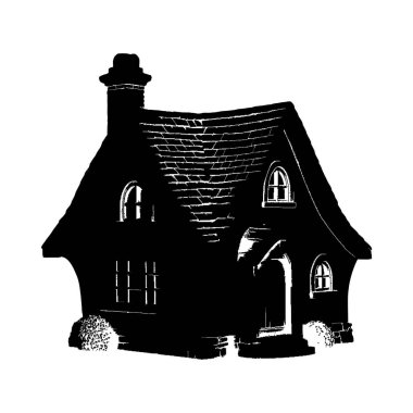 Büyüleyici bir kulübenin detaylı siyah-beyaz silueti, belirgin bir doku sergiliyor..