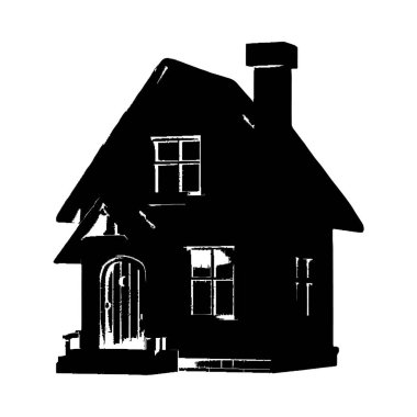 Ayırt edici, desenli bir siluet stili, bacası olan büyüleyici bir yazlık evi tasvir eder..