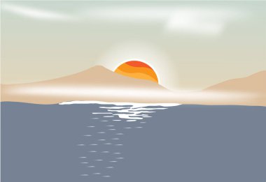 Minimalist bir illüstrasyon, sakin bir günbatımı sahnesini tasvir eder. Dağlar ve ılık renkleri yansıtan sakin bir okyanus..